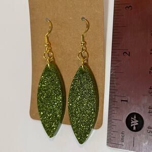 Handmade epoxy resin marquis pointed oval dangle earrings lime‎ green glitter